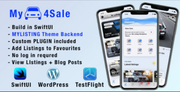 MyCar4Sale – IOS companion app for My Listing Theme: Car Demo. WP Plugins included