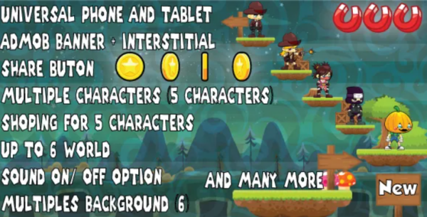 Jungle Adventure of Ninja: Game Android-multiple charcters-multiple worlds-Easy Reskin-and more