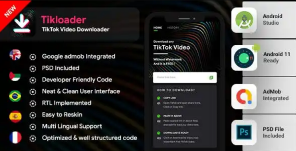 TikTok Video Downloader Android App without Watermark with admob – Tikloader – Complete App