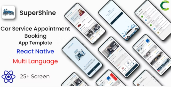 Car Service Appointment Booking App Template in React Native | Multi Language | SuperShine